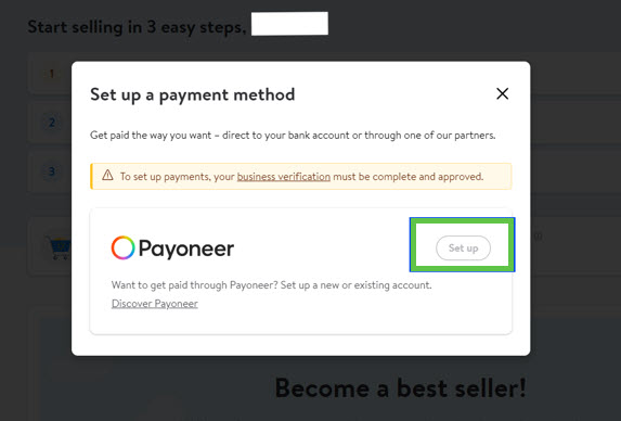 Set up Walmart seller account pay out method with Payoneer 