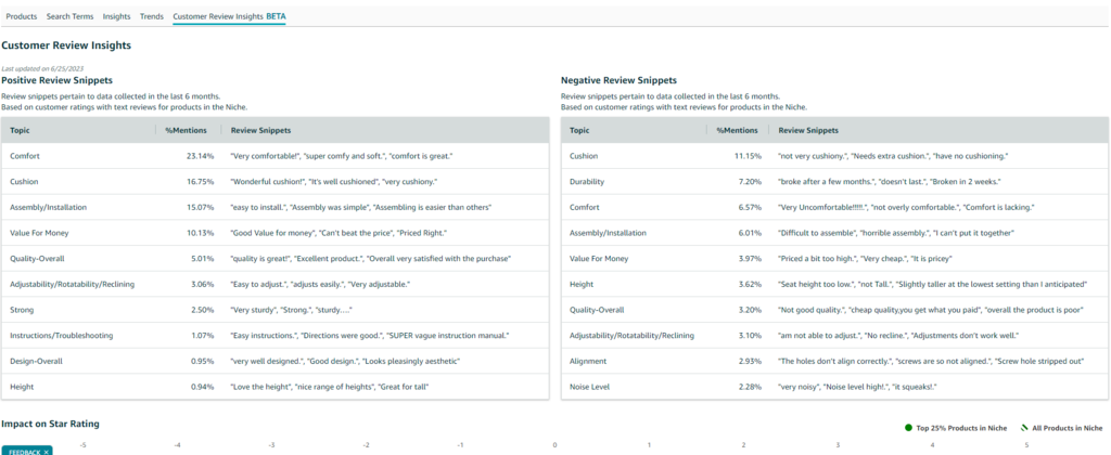 Dashboard image of Amazon AI tool called Customer Review Insights