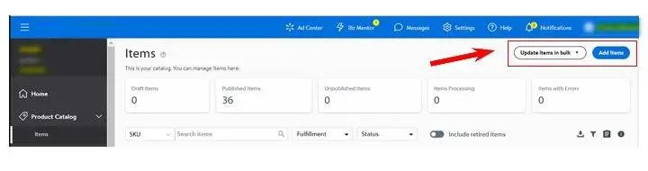 Walmart dashboard display for creating listings