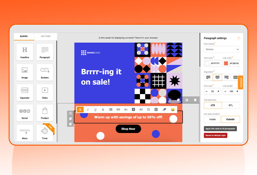 The image shows email template customization tool for small businesses.