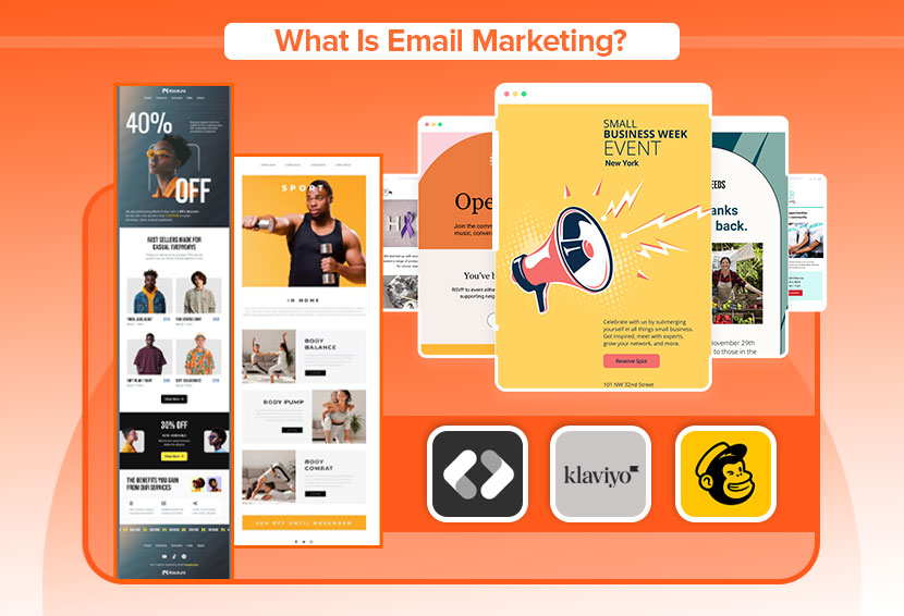 The image shows email marketing templates and email service providers' logos. 