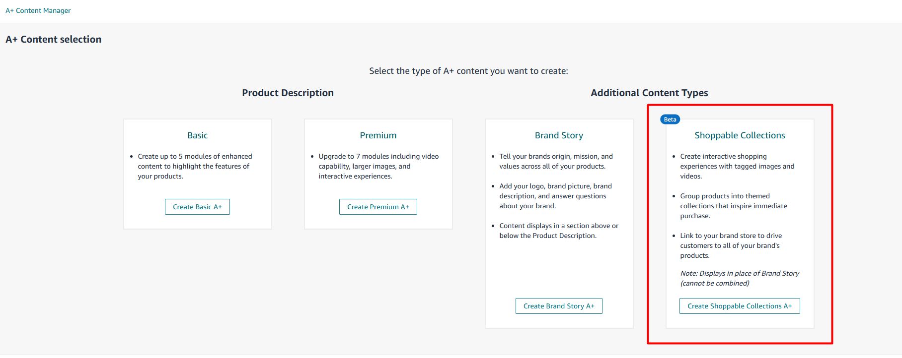 Seller Central image of A+ Shoppable Collections selection option.