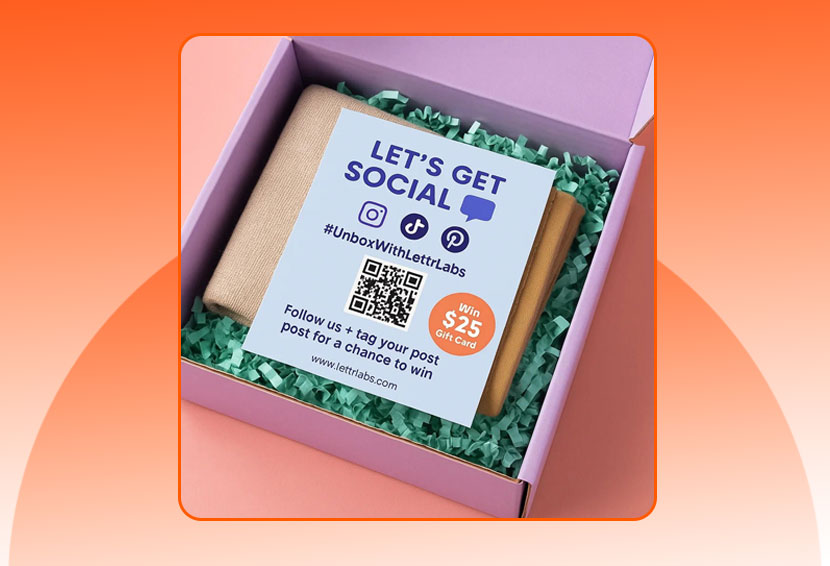 The image shows a packaging insert requesting UGC.