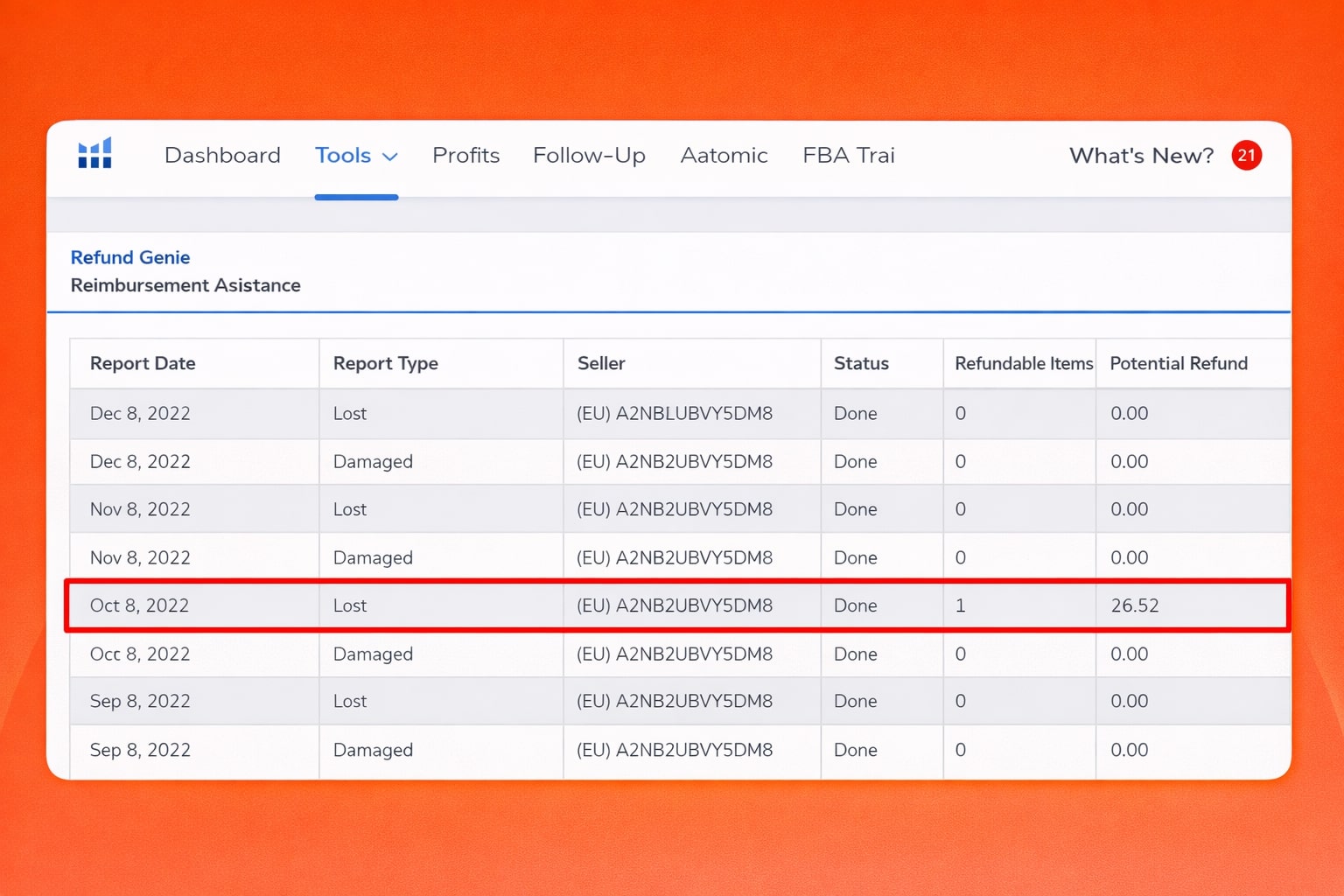 The image shows a dashboard of an Amazon reimbursement software