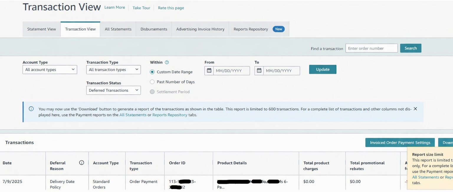 This image is a screenshot of the Amazon Payments dashboard.