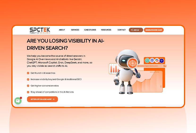 The image shows SPCTEK Generative AI Search Engine Optimization agency.