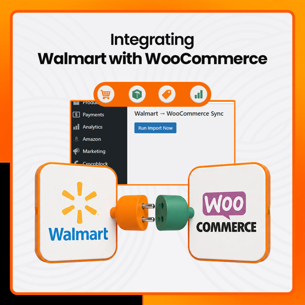 The image shows the integration of WooCommerce and Walmart for inventory sync