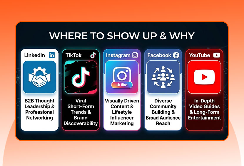 The image shows which type pf content suits different social media platforms.