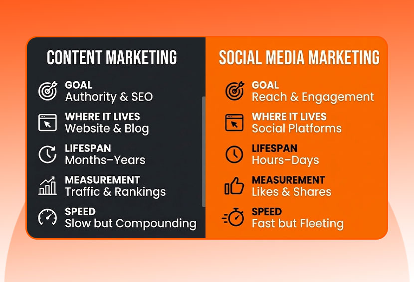 The image shows the differences between social media marketing and content marketing.