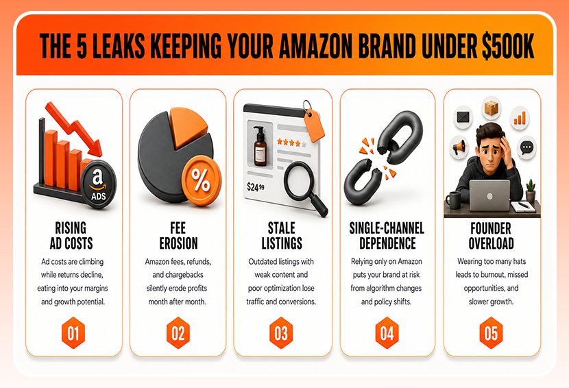 The image shows 5 revenue leaks for Amazon $500k brands