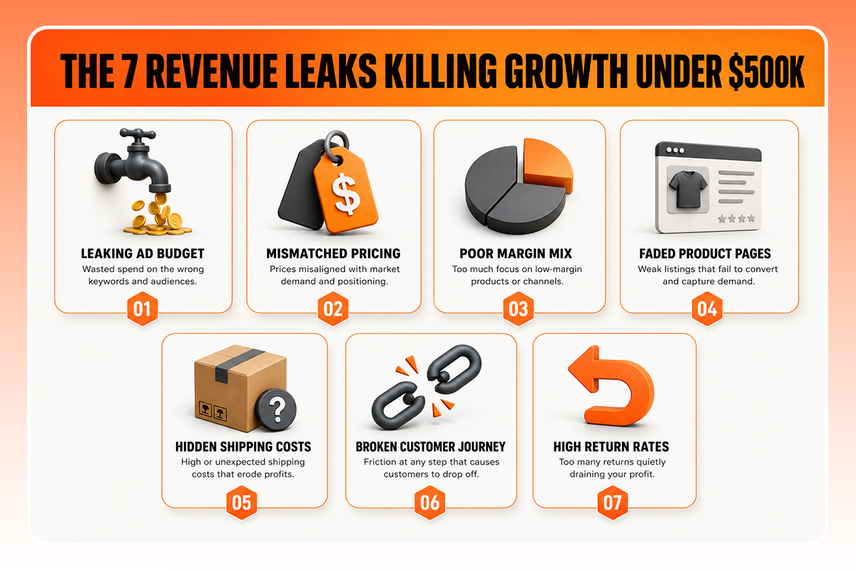 The images shows the 7 common revenue leaks.