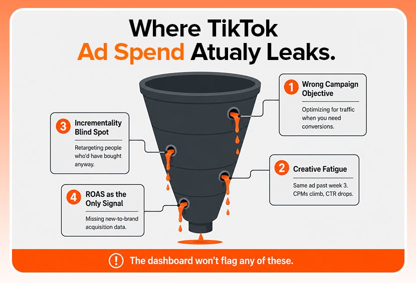 The image shows the TikTok ad funnel and where the ad spend is wasted,
