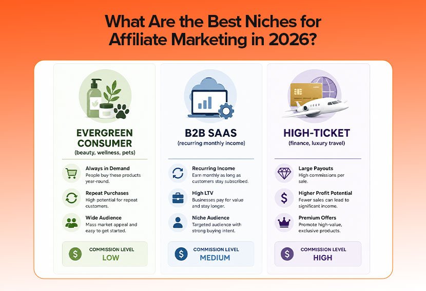 Image shows top affiliate marketing niches including beauty, pets, SaaS, and finance