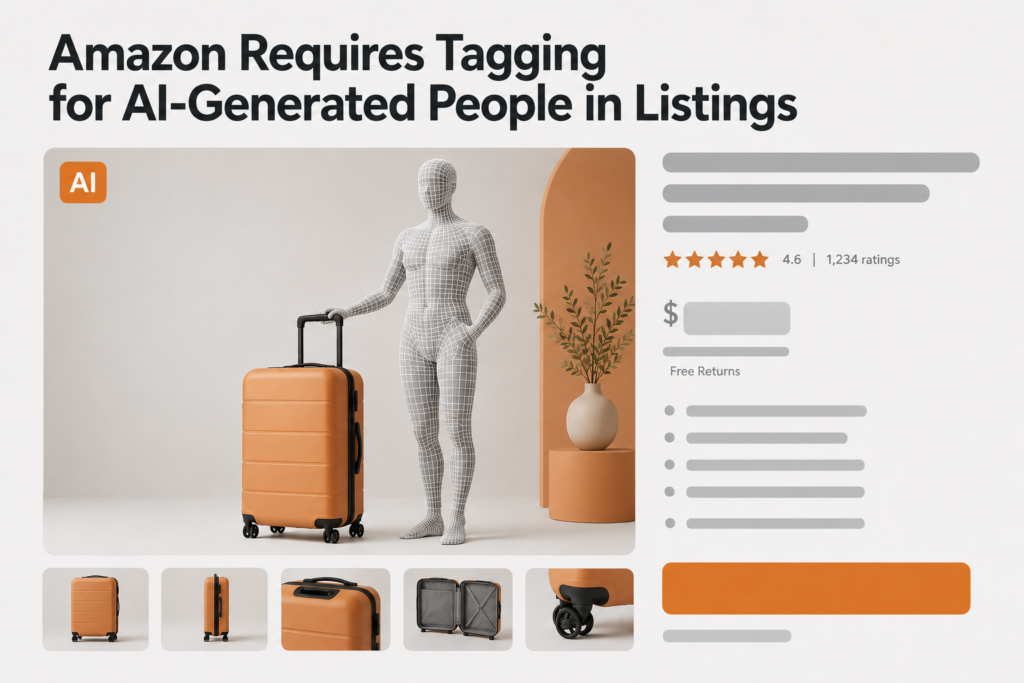 Illustration of an Amazon-style product listing with a wireframe male figure beside a real product, headed on Amazon's AI-generated people tagging requirement