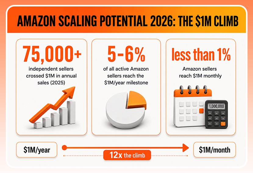The image shows statistics of the Amazon sellers making $1 million annually and monthly.