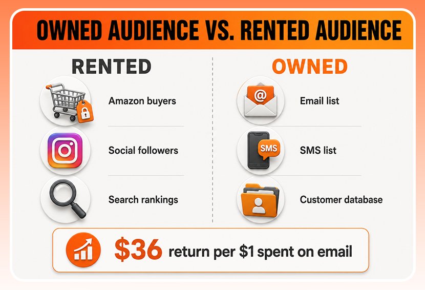 The image shows the difference between rented vs owned audience