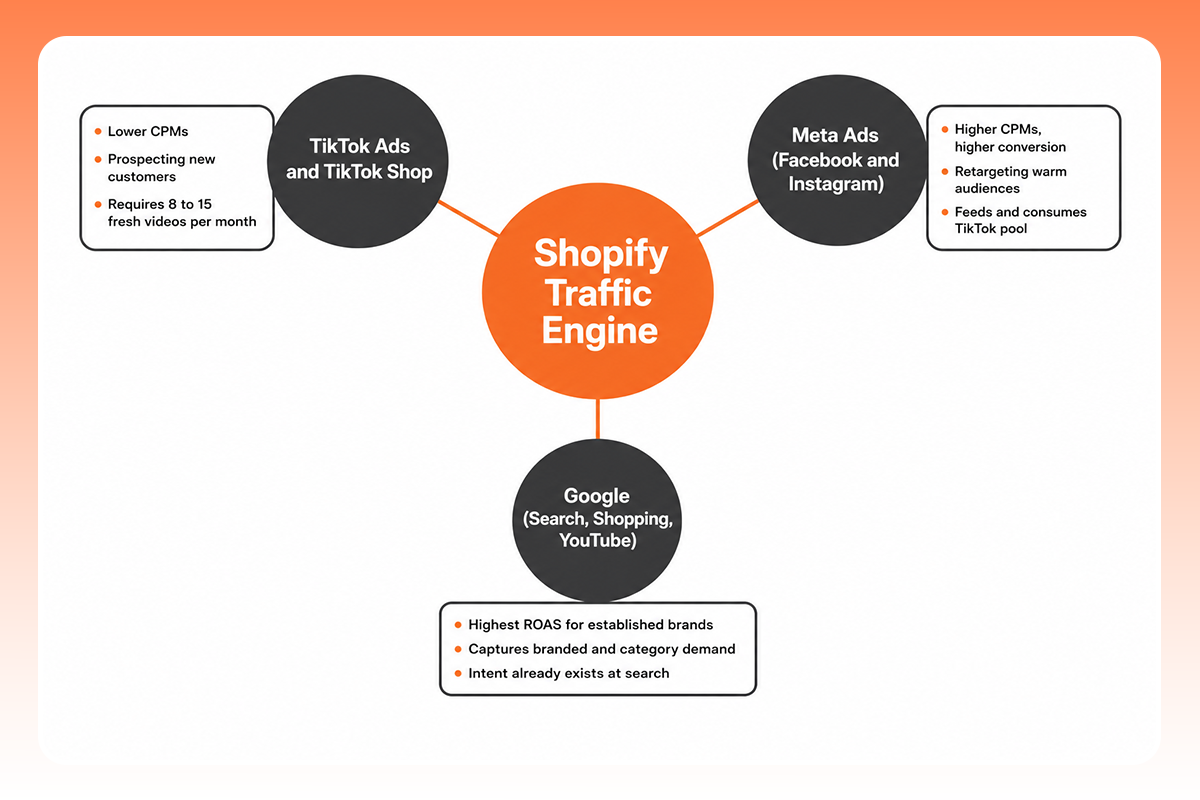 The image shows how to build traffic on Shopify ecommerce business.