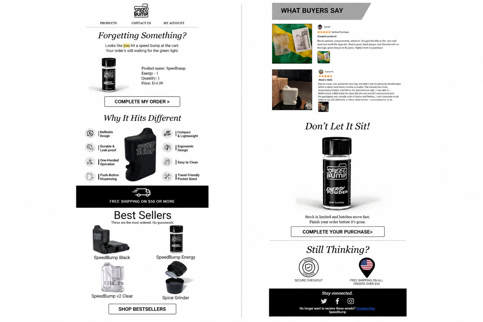SpeedBump first abandoned cart email with product details, benefit grid, free shipping threshold, bestsellers row, and photo customer reviews