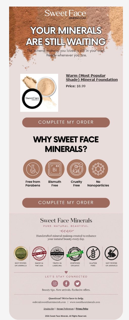 Sweet Face Minerals abandoned cart email showing the saved mineral foundation, price, and four product certification icons, with no discount offered