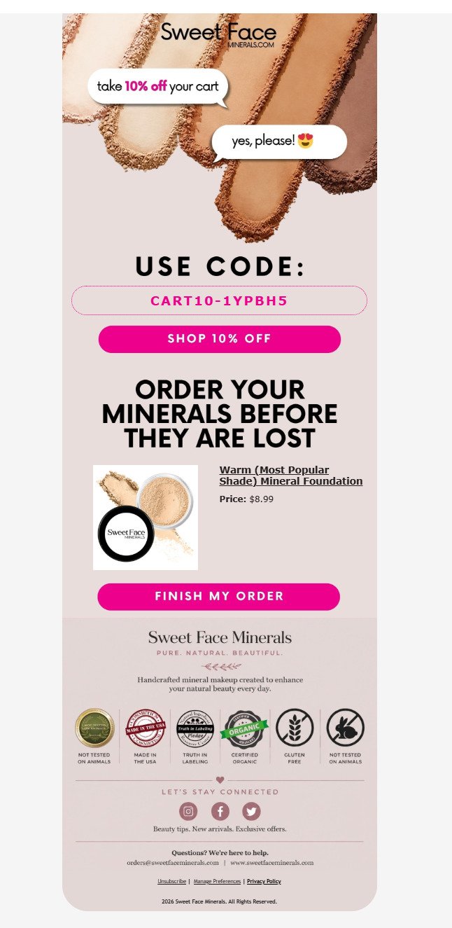 Sweet Face Minerals cart recovery email offering 10 percent off through a unique discount code, presented in a speech bubble conversation